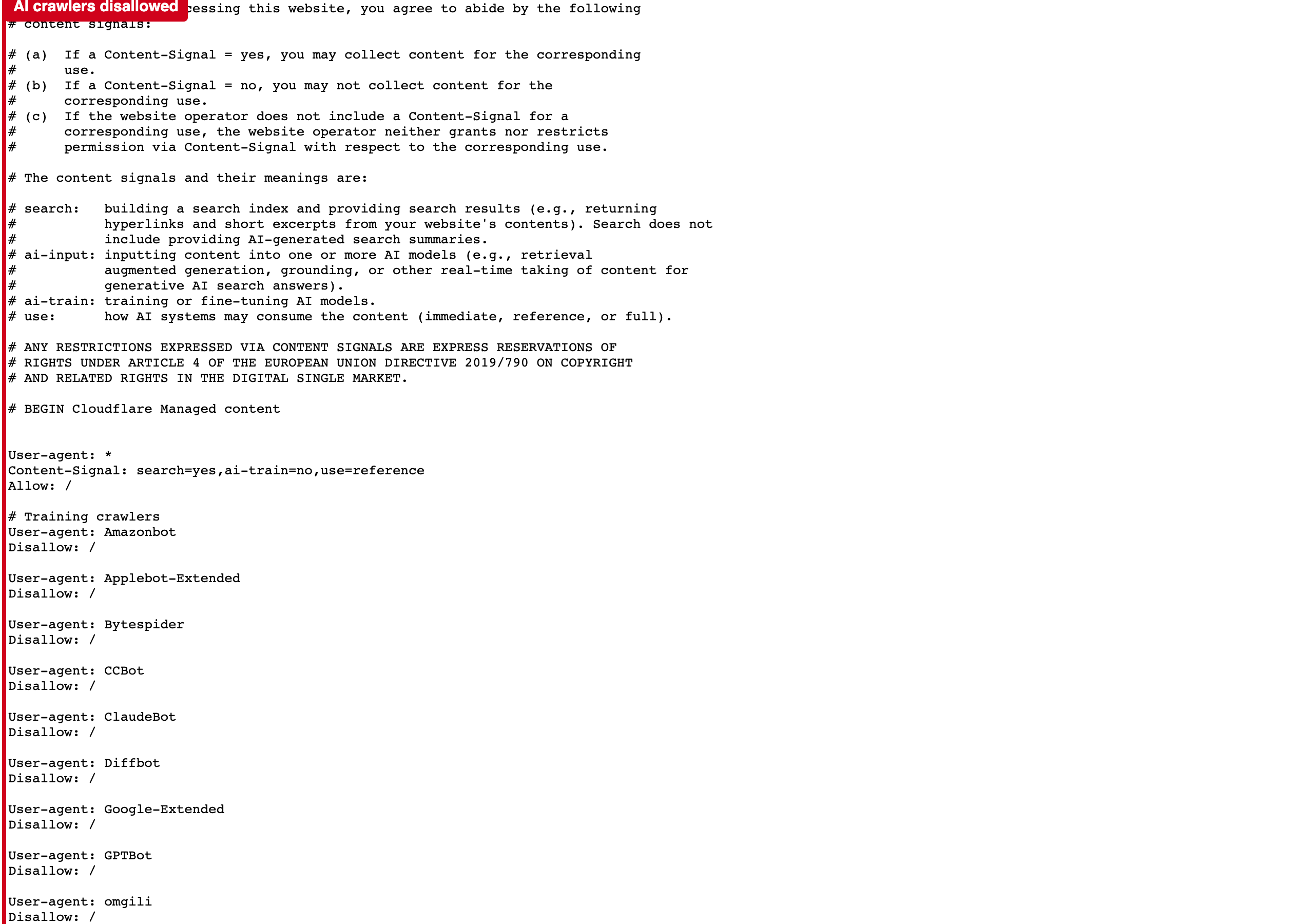 Screenshot: Your robots.txt blocks the main AI crawlers